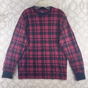 Polo Ralph Lauren Mens Red Black Buffalo Plaid Waffle Knit Thermal Shirt Large
